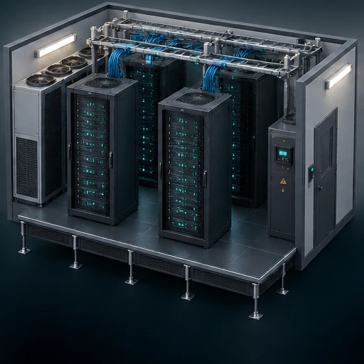 Illustrative server racks and infrastructure assembling into a compact data centre.