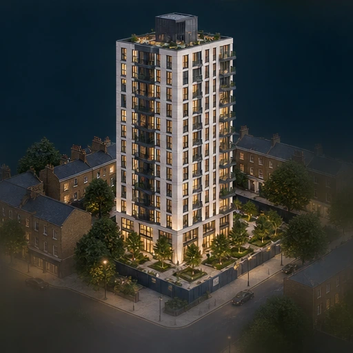 Illustrative vacant urban site developing into a new high-rise residential building.